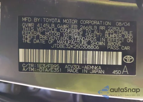 2005 Toyota Camry Le from USA, damaged, VIN JTDBE32K250308806